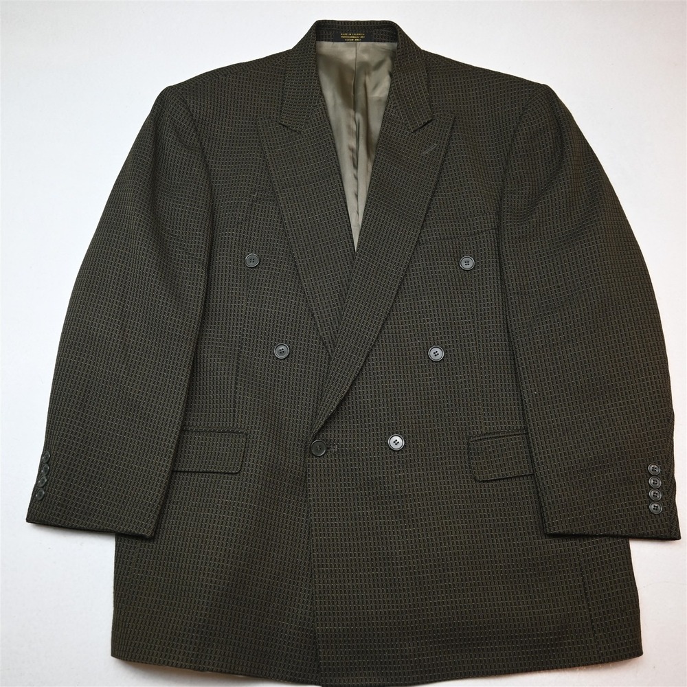 Vtg Mens Double Breasted 46S Brown Woven 100% Wool Blazer Suit Jacket Sport Coat